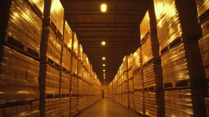 Stacks of shrink-wrapped pallets in a large distribution center, illuminated by overhead lights
