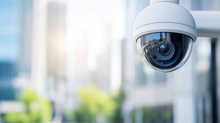 Urban Surveillance: A close-up shot of a security camera lens, with a blurred cityscape in the background, conveying a sense of urban security and technological advancement. 