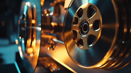 A retro reel-to-reel tape recorder, with metallic reels spinning and the tape threading through the system, captured in a nostalgic lighting setup, analog recording, vintage audio gear, magnetic tape