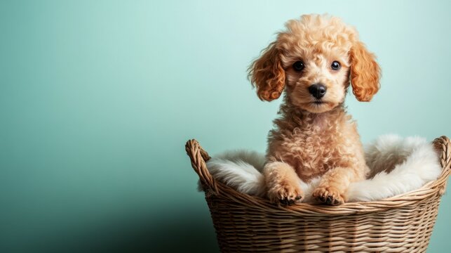 A Poodle puppy sitting in a wicker basket with a light fur lining, placed against a pale mint studio backdrop with subtle shadows, copy space, curly-haired dog breed portrait