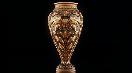 A shining 3D gold trophy cup, with dramatic lighting, standing prominently on a black background