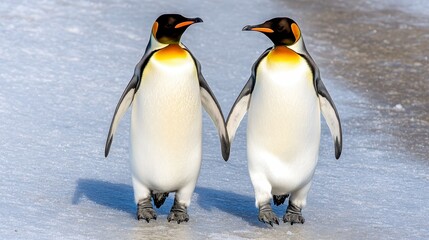 Fototapeta premium Two Emperor Penguins Walking Together on Icy Surface at Sunrise