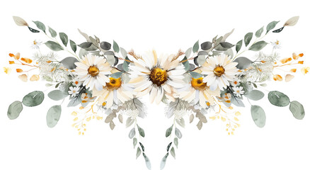 Fototapeta premium Floral arrangement with blooming daisies, eucalyptus leaves, and yellow blossoms on a transparent background