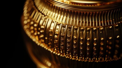 A luxurious 3D golden trophy, with a smooth finish and fine engravings, glowing softly on a sleek black background 