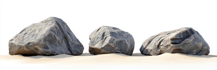 Three grey rocks on sand, white background, 3D render, design element