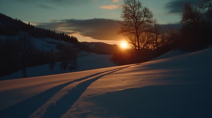 Sunset over Snowy Mountain Landscape