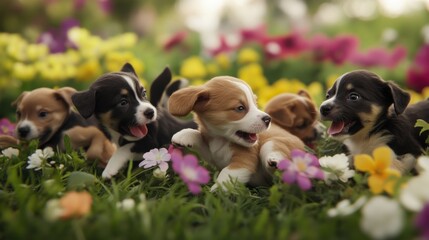 Adorable Puppies Playing in Vibrant Flower-Filled Garden: Capturing Innocence and Joy for Pet Care Ads and Playful-Themed Marketing Materials