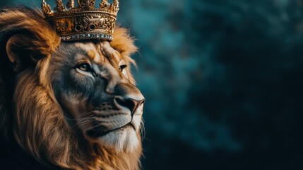 Portrait of a lion wearing a crown, velvet patterned cloth studio backdrop, luxurious, soft lighting, professional photography, copy space