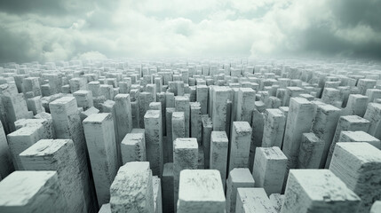 Obraz premium Concrete Jungle: A mesmerizing, dystopian cityscape rendered in a minimalist style, featuring a sprawling array of concrete structures reaching towards a moody, overcast sky. 