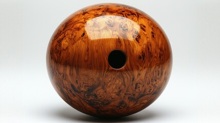 Wooden bowling ball, studio shot, smooth surface, background blur.