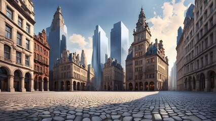 Naklejka premium Cobblestone city square with classic European architecture and modern skyscrapers in the background, bathed in morning sunlight.