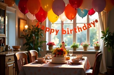 A birthday party with balloons and a banner that says "Happy Birthday"