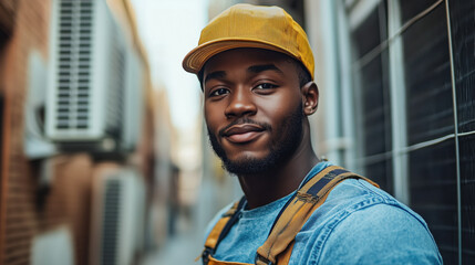 confident technician wearing yellow cap and overalls stands near air conditioning units