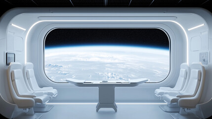 Spaceship Bridge Earth View: A futuristic spaceship bridge offers a breathtaking view of Earth from orbit.  The sleek, minimalist design features comfortable seating, a central control console.