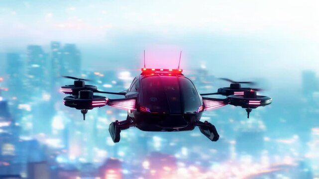 Futuristic Drone Police Car Soaring Above Neon Cityscape at Night