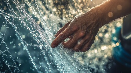 A close-up of a hands carefully handling a fishing net, droplets of water sparkling under the sunlight,