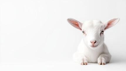 A cute white lamb with pink ears sits calmly against a plain white background, exuding innocence and charm.
