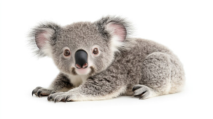 Fototapeta premium A cute koala with fluffy gray fur and large ears, resting calmly on a white background.