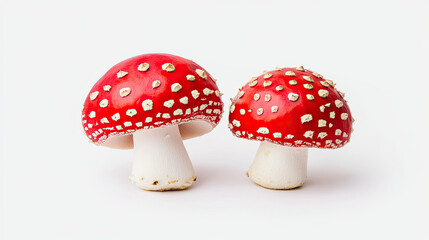 Two vibrant red mushrooms with white spots, showcasing a whimsical appearance against a plain background.