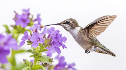 Obraz premium Hummingbird, drooping purple flower bouquet, collecting nectar, watercolor painting, bright lighting, pure white background,