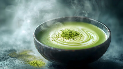 Steaming matcha tea preparation cozy kitchen food photography warm ambiance close-up culinary art
