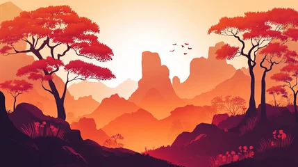Fototapete stylized autumnal sunset with orange and red tones, silhouette trees, rocky mountains, and minimalist digital landscape illustration © Asim-Backgrounds