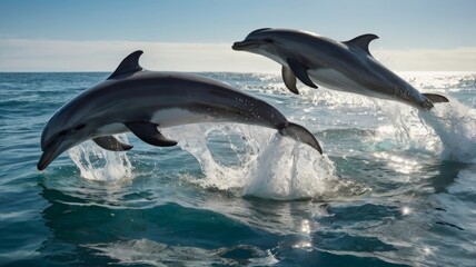 Fototapeta premium Two Dolphins Leaping from the Ocean Water in a Synchronized Jump Under a Blue Sky