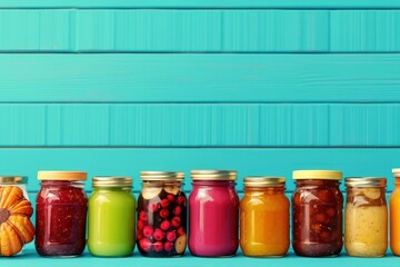 Colorful Homemade Jams and Preserves on Vibrant Blue Background
