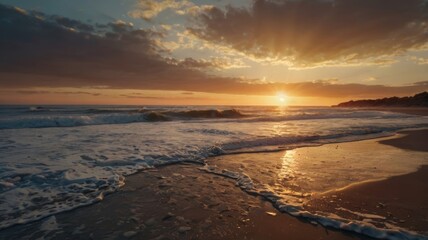 Fototapeta premium Golden Hour at the Coastline with a beautiful Sunset over the Ocean and waves rolling onto the beach