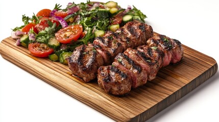 Realistic grilled lamb kebab served on a wooden board, accompanied by a fresh vegetable salad 