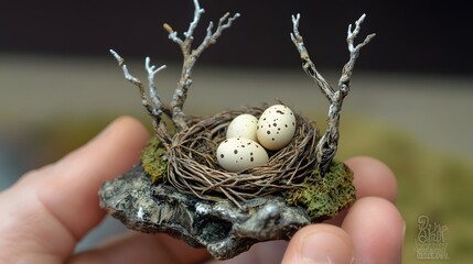 A tiny bird's nest with delicate eggs inside