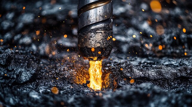 Close-up of drill bits cutting into rock, intense industrial detail with rugged textures