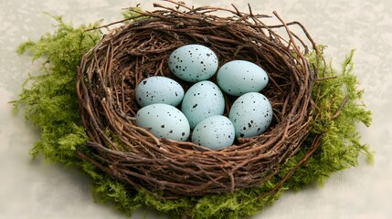 Obraz premium A tiny bird's nest with delicate eggs inside