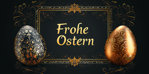 Edle Osterkarte mit Text "Frohe Ostern" Filigranen feinen Linien in Gold und diversen Farben - Osterkarte Osterbanner Werbetext