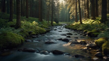 A serene forest stream flows over mossy rocks illuminated by sunlight filtering through trees