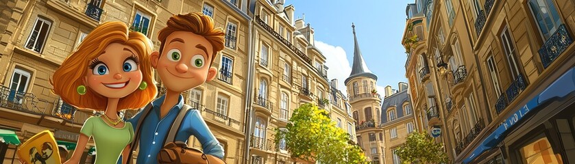 Obraz premium Couple exploring Parisian streets, sunny day, charming buildings, travel guide