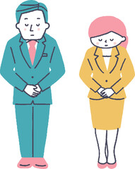 お辞儀をするスーツ姿の男女