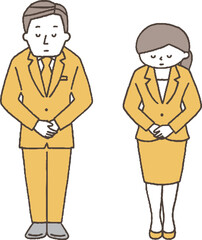 お辞儀をするスーツ姿の男女単色