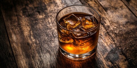 Overhead view of a glass filled with whiskey in elegant setting
