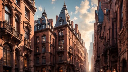 Fototapeta premium Sun-drenched brick buildings with ornate details line a city street, creating a dramatic urban cityscape at sunset.