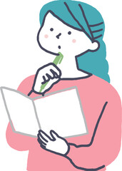 考え事をしながらノートをとる女性