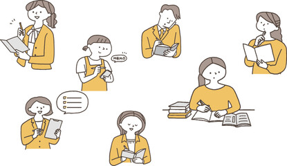 メモを取る色々な人物のイラストセット単色