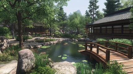Fototapeta premium Serene Japanese garden pond, bridge, mountains