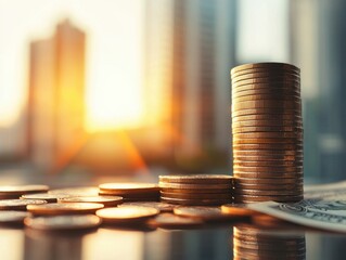 arranged coins urban banknotes sunset backdrop concept.  Stacks of coins with a blurred cityscape and sunset background.