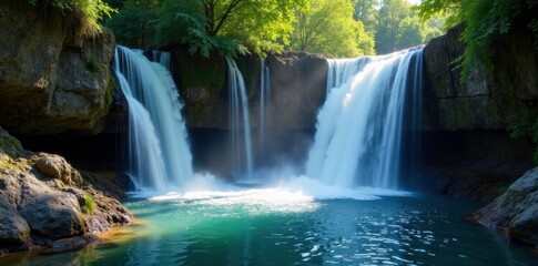 Sparkling waterfalls cascading down rocky cliffs, pure water, nature