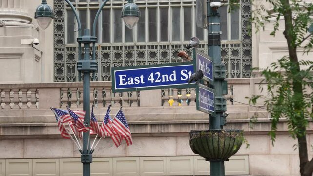 New York City Grand Central Terminal, 42 street, Park Avenue, Pershing Square architecture. Midtown district railroad hub, railway transport. NY crossroad corner, intersection road sign, american flag