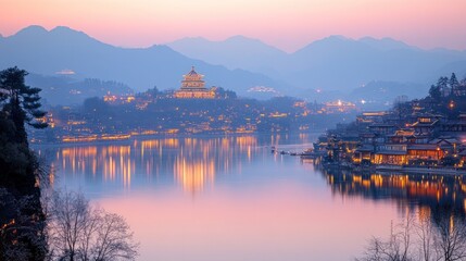 Fototapeta premium Sunset over lake town, temple, mountains
