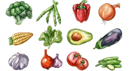 Assorted fresh vegetables including broccoli, avocado, peppers, garlic, and eggplant on a transparent background
