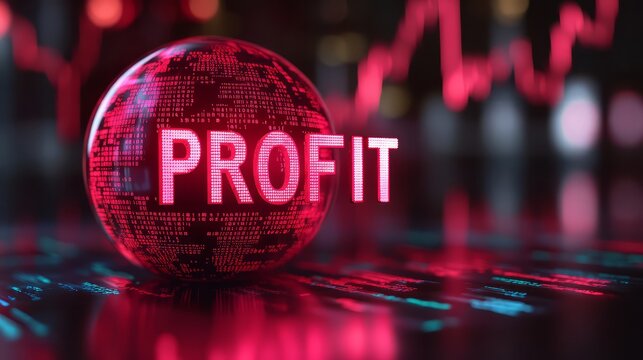 A dynamic visualization of profit growth represented by a glowing sphere and graphs.