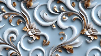Elegant 3D Floral Design: White and Gold Baroque Ornament